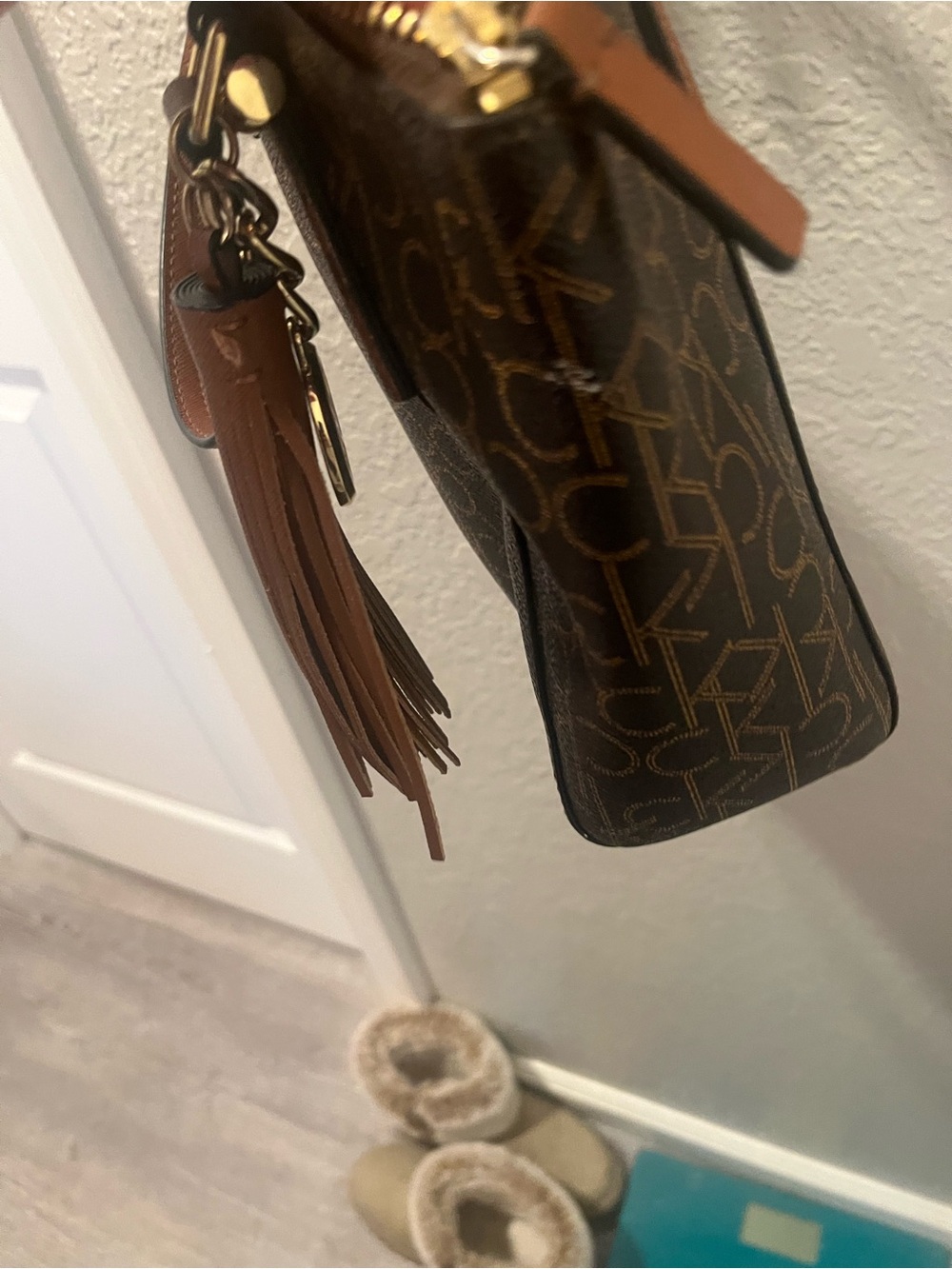 Calvin Klein Brown Monogram Satchel with Tan Tassel - Picture 3 of 6